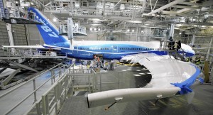 A Boeing 787 Dreamliner in the paint hangar of the company’s facility in Everett, Wash., in 2009. (Elaine Thompson, AP).
