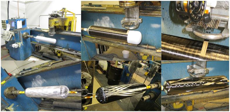 Figure 2.  Compilation of photographs from flask manufacturing (clockwise from top left): Aluminum liner in filament winder, Application of carbon fiber/epoxy hoop layer, Application of optical fiber strain sensor (from reel above) simultaneously with carbon fiber/epoxy hoop layer, Application of helical carbon fiber/epoxy layer, Application of glass fiber/epoxy helical layer (for impact resistance), and Flask after completion of winding.