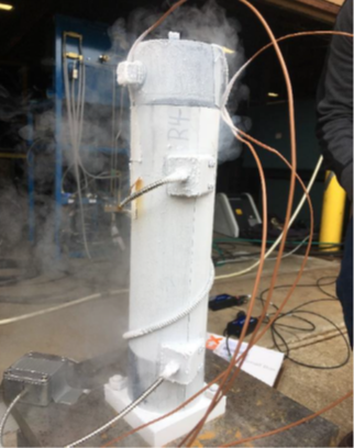 SensePipe being filled with Liquid Nitrogen for cryogenic testing.